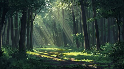 The forest is alive with the glow of early sunlight, filtering through green leaves and casting long shadows on the moist forest floor 