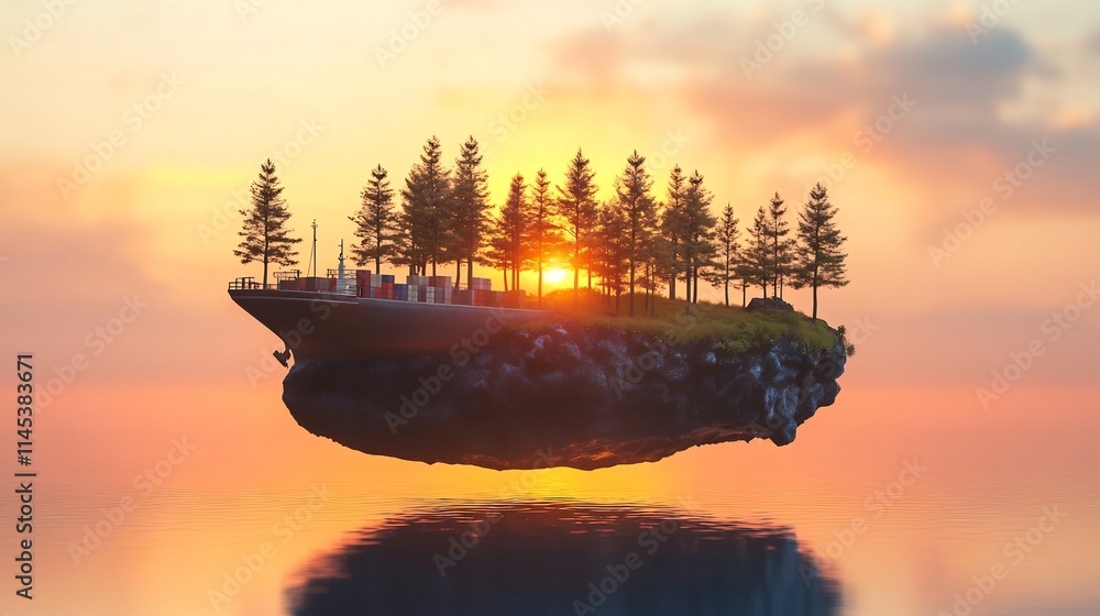 Poster Sunset over a floating island with trees and cargo containers.