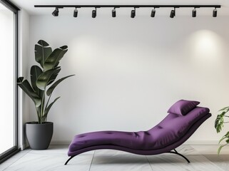 Purple chaise lounge with pillows in a modern living room with white walls. large windows and a potted plant