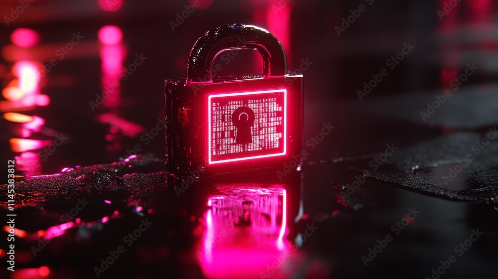 Aufkleber a futuristic padlock with glowing pink digital code on its surface sits on a wet dark reflective sur