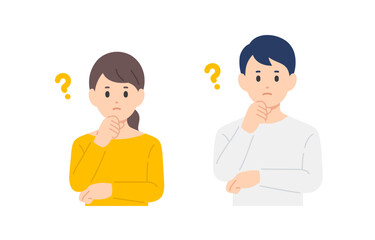 疑問･考えるポーズをする若い男女･夫婦のセット【人物ベクターイラスト素材】