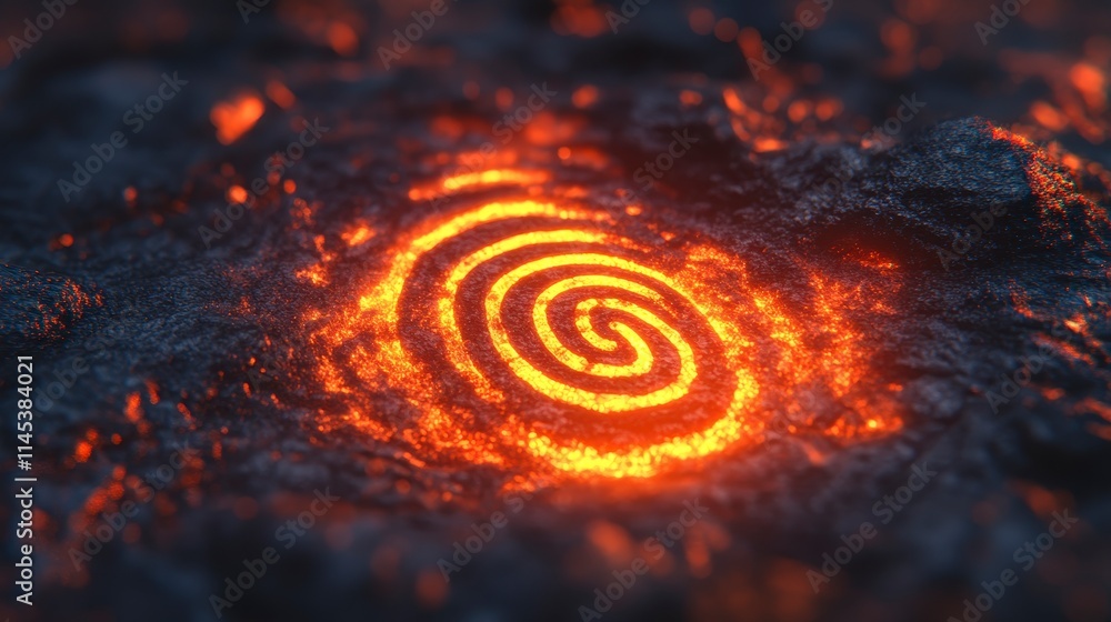 Poster a fiery spiral glows intensely amidst a dark rocky texture resembling a fingerprint embedded in volc