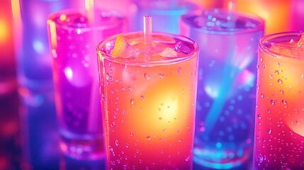 Colorful Icy Drinks Glowing Under Neon Lights