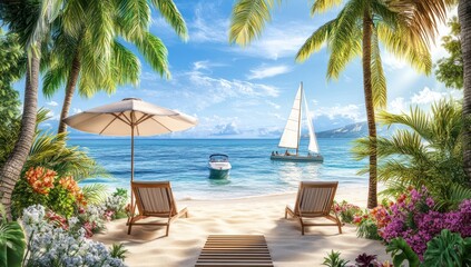Fototapeta premium Tropical Beach Paradise with Lounge Chairs and Sailboat