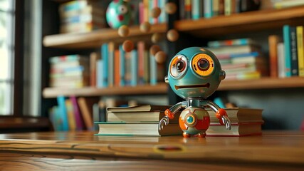 A charming electron puppet sits on a childs bookshelf ready to entertain and educate.