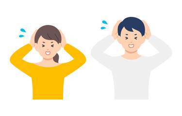 頭を抱えて困るポーズをする若い男女･夫婦のセット【人物ベクターイラスト素材】
