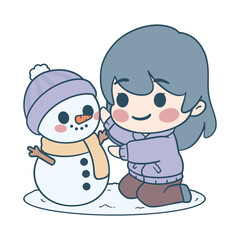 Cute little girl making a snowman. Christmas and winter cartoon illustration, perfect for stickers, greeting cards, merchandise etc.