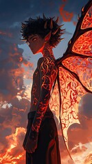Angelic Being with Fiery Wings at Sunset