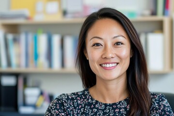 Confident Asian Female Psychologist Smiling at in Therapy Office