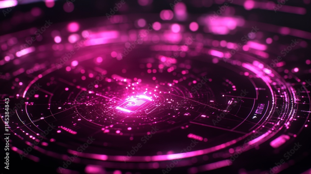 Poster a futuristic pink hud interface with a central glowing icon and radiating lines. digital data stream