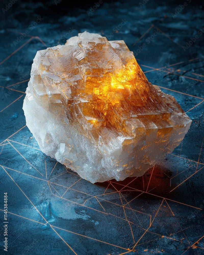Poster illuminated selenite crystal on abstract surface artistic display studio setting close-up view natur