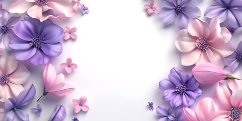 Fototapeta premium Delicate Pink and Purple Flowers Frame a White Background