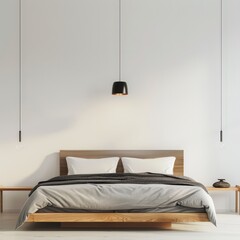 Minimalist bedroom interior with wooden bed and black pendant lights