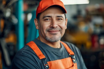 Confident Mechanic Smiling at in His Workspace