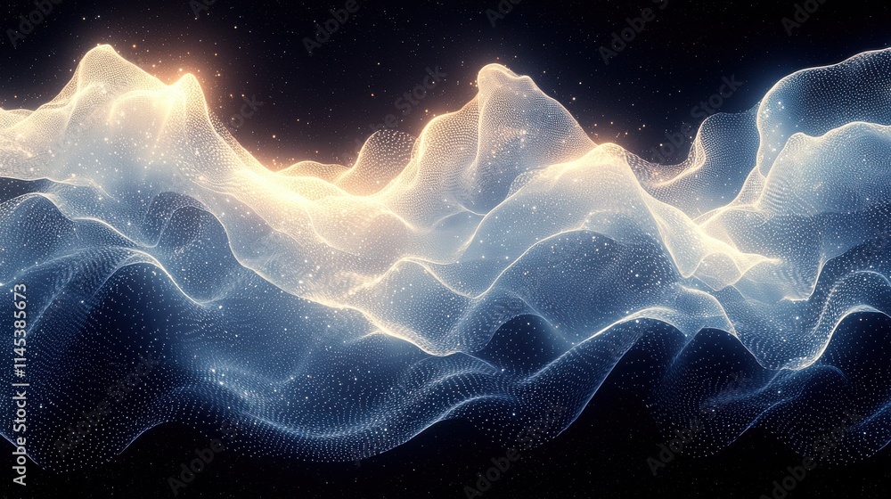Poster dynamic abstract particle waves rippling outward in white digital art sci-fi environment futuristic 