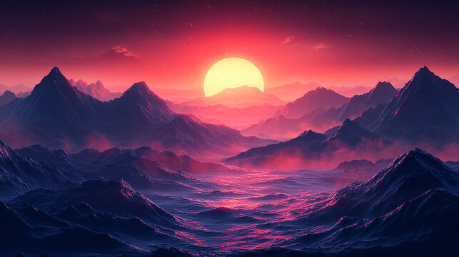 retro sci-fi background depicting a futuristic 80s landscape with a digital cyber surface. Perfect for designs inspired by the 1980s, evoking nostalgia, technology, and vibrant chaos