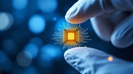 Close-up of gloved hands delicately holding a glowing microchip against a bokeh background, highlighting technological advancement and precision.