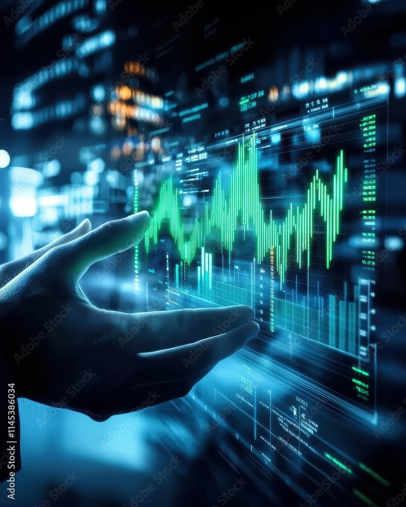 Poster hands interacting with holographic data visualization urban setting digital art futuristic environme