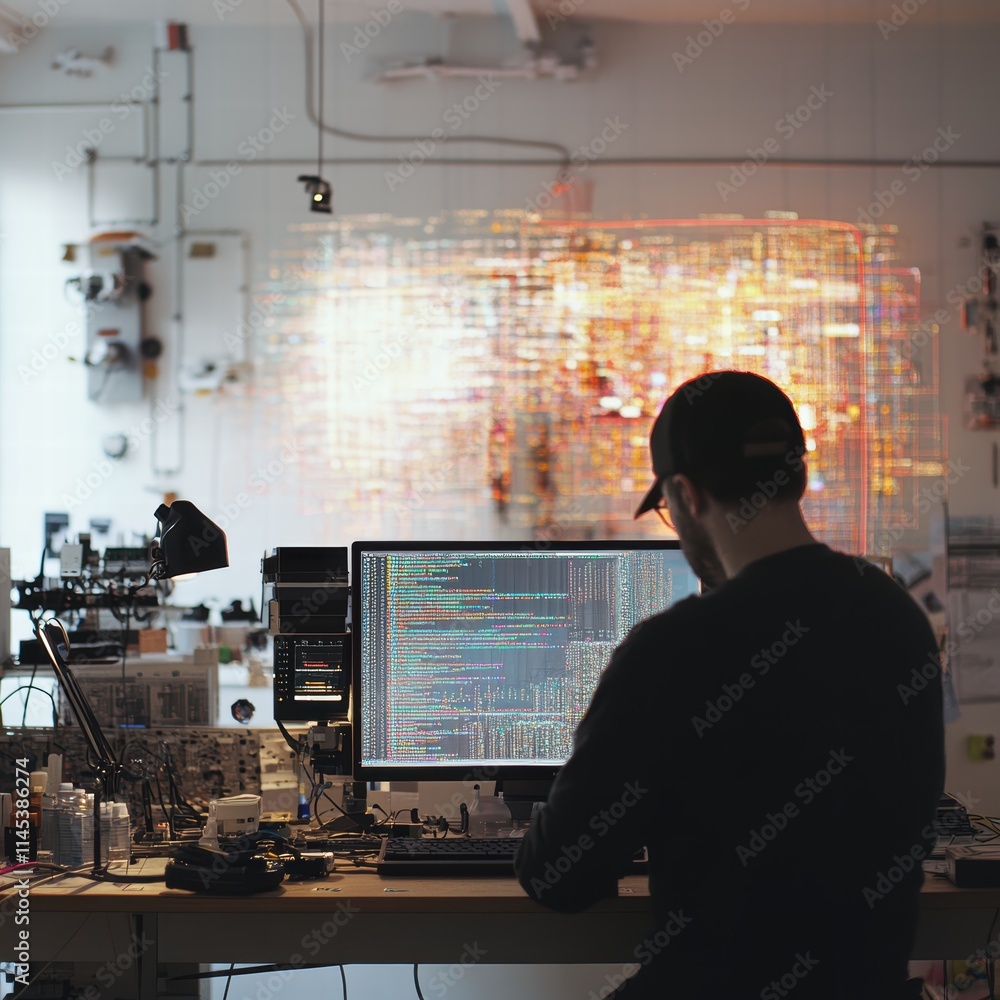 Poster young developer working on computer in modern tech office space