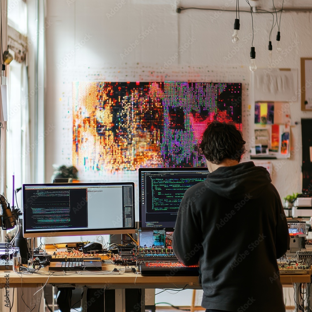 Poster person working in modern creative office with multiple computer screens