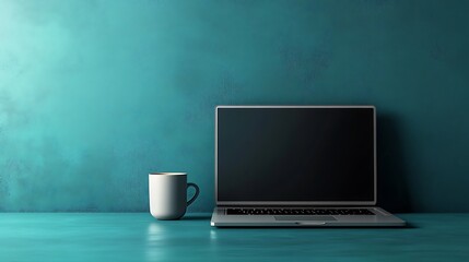Fototapeta premium Laptop and Coffee Mug on Teal Surface