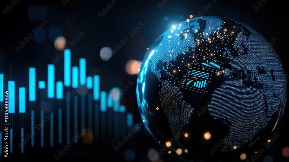 Poster dynamic abstract digital globe with particle clouds representing global data virtual environment fut