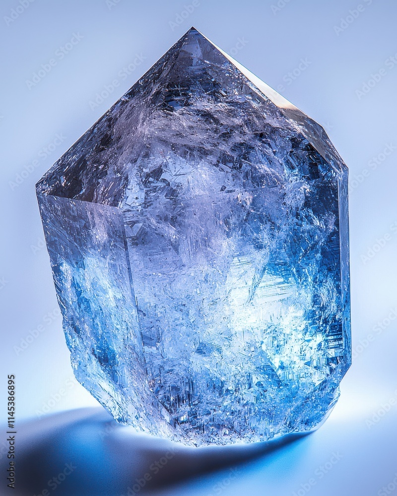 Poster luminous raw zircon crystal displayed in soft blue light studio setting macro mystical vibes