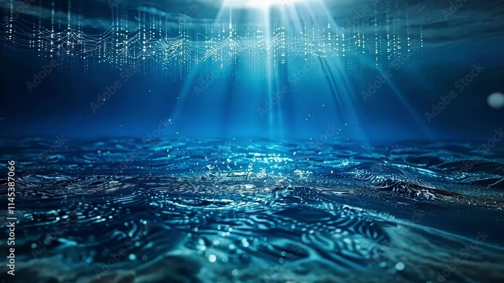 Poster big data flows underwater, illuminated by light beams, creating ripples and a futuristic scene, perf