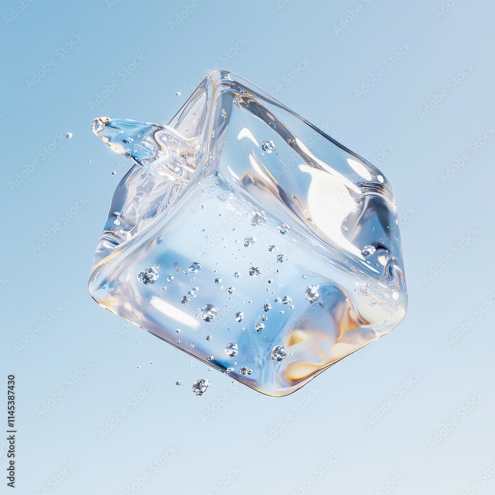 Poster floating jellylike cube with particles digital art abstract environment light blue background concep