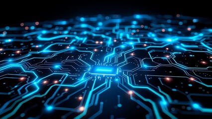Obraz premium Dark background with glowing circuit paths and data nodes, visualizing digital connections, technology, and data flow in a futuristic, high-tech digital environment.