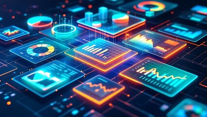 Fototapeta premium 3D grid with interactive graphs showing digital commerce insights, perfect for illustrating e-commerce trends, data analysis, business growth, and online market performance visualization.