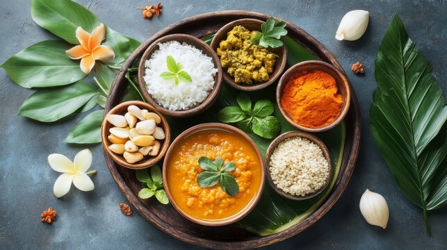 Balanced Ayurvedic Diet Infographic Featuring Foods for Overall Wellbeing and Harmony