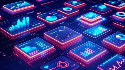 3D grid with interactive graphs showing digital commerce insights, perfect for illustrating e-commerce trends, data analysis, business growth, and online market performance visualization.