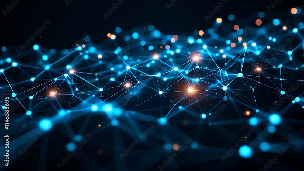 Poster 3d wireframe network with glowing nodes and connections against a dark background. visualizing techn