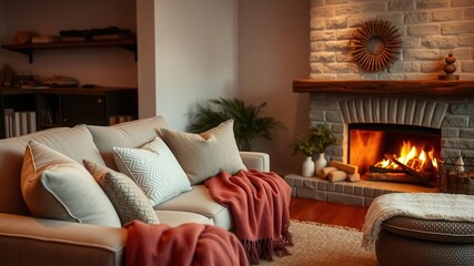 Cozy living room with plush sofa, soft throw pillows, warm blankets, and a glowing fireplace, sofa, home