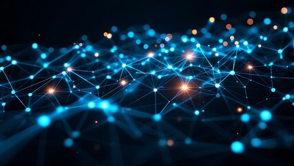 Obraz premium 3D wireframe network with glowing nodes and connections against a dark background. Visualizing technology, data flow, and digital connectivity in a futuristic digital network.