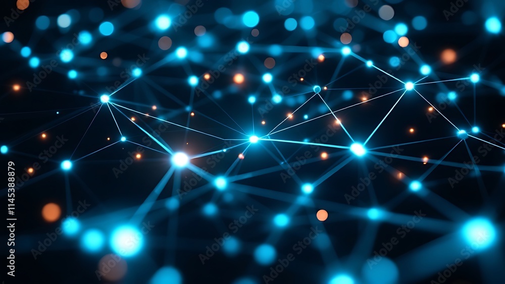Poster 3d wireframe network with glowing nodes and connections against a dark background. visualizing techn