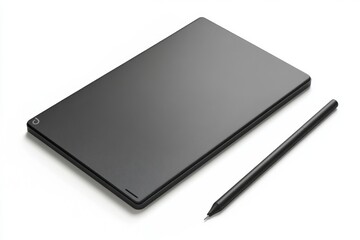 Sleek Black Graphics Tablet and Stylus on White Background