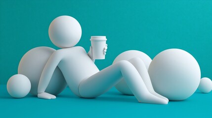 Relaxed figure sitting, holding coffee cup, surrounded by spheres.