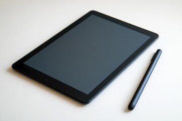 Sleek Black Tablet and Stylus on Clean White Background Ready for Creative Work or Entertainment