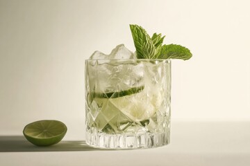 Refreshing Lime and Mint Cocktail with Ice on a Bright Background