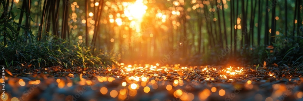 Poster sunlit autumn forest floor with bokeh effect.