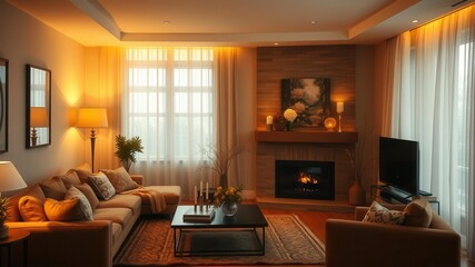 Fototapeta premium Cozy living room with warm ambient lighting in shades of gold and amber, home decor, comfortable