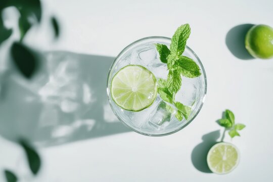 Refreshing Lime and Mint Summer Drink with Cool Ice and Plant Shadows