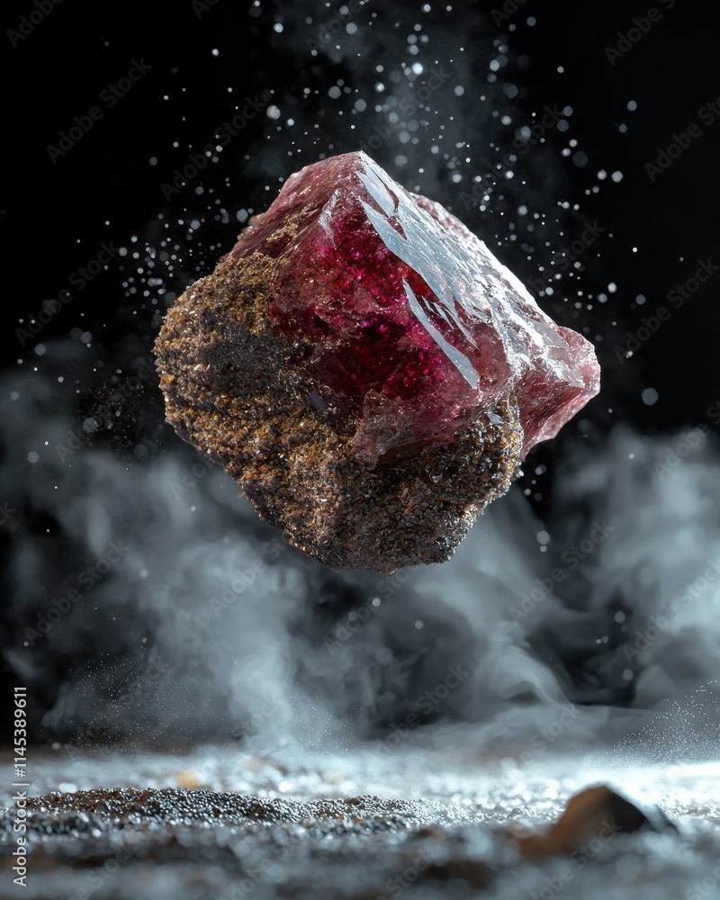 Poster levitating raw ruby crystal surrounded by swirling dust studio macro dark environment abstract conce