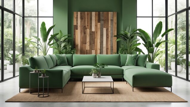 Lush and vibrant green living room mock up with big window, green sofa set and wood decoration on the wall  