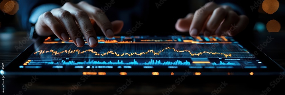 Poster close-up of hands using tablet displaying stock market data.