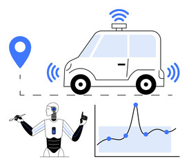 Car with wireless AI robot map marker data chart. Ideal for technology, innovation, AI, mobility, data analysis, automation, future urban planning. Line metaphor