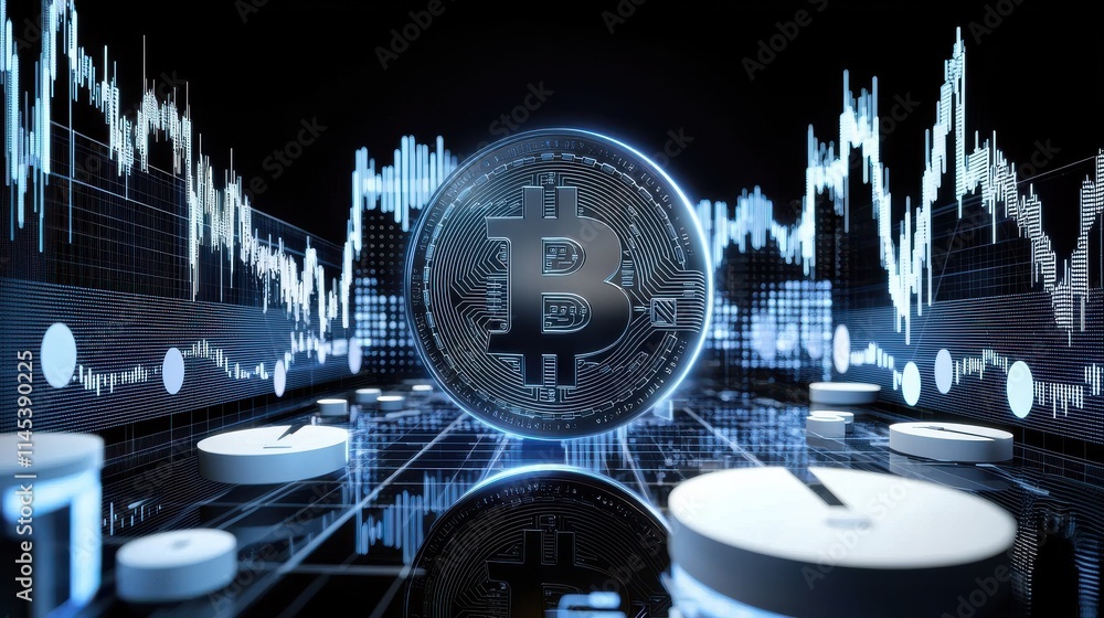 Poster dynamic visualization of digital bitcoin coin in financial market technology 3d graphics abstract fu
