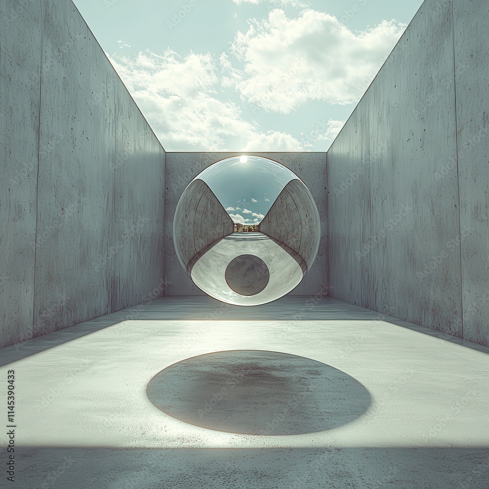 Poster Levitating polished sphere casting shadows in modern architecture abstract art open space minimalist design